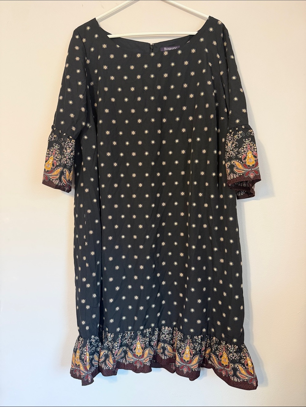 Roaman's Black Long Sleeve Boho Shift Dress with Paisley Trim